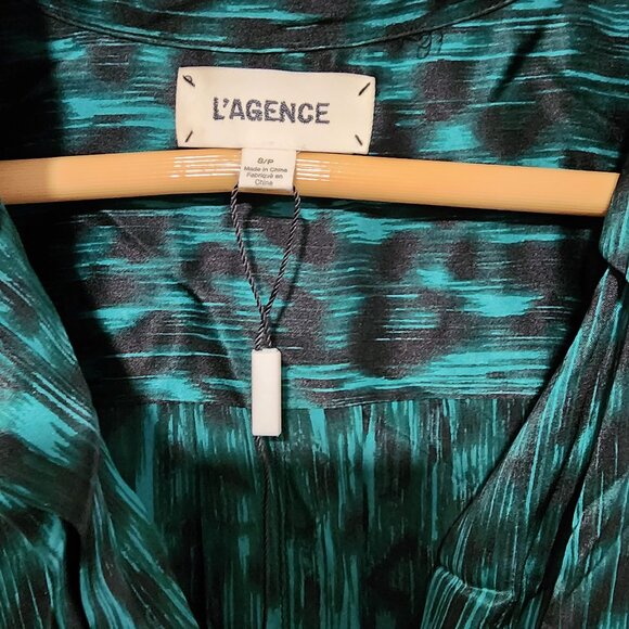L' AGENCE Cameron Emerald Green Abstract Ikat Maxi Shirt Dress 100% Silk Small - Picture 5 of 7
